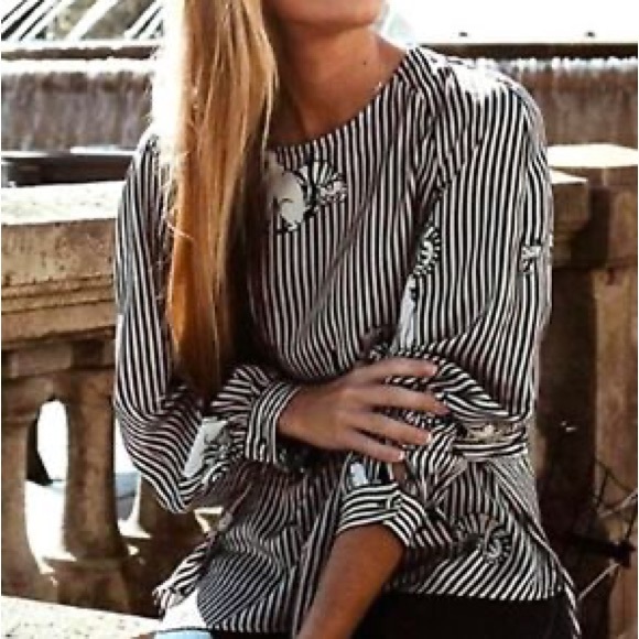 (SOLD) ZARA Collarless Button Front Striped Blouse Cat Print Belt Black Cream L - Picture 3 of 7